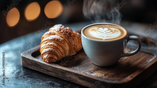 A cup of coffee with a fresh croissant on a wooden table
