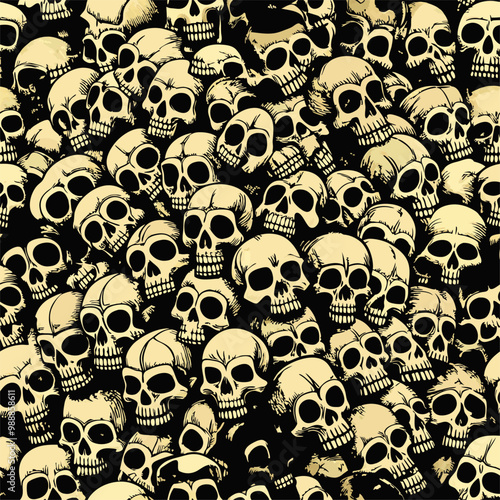 A pile of human skulls on a seamless background.
