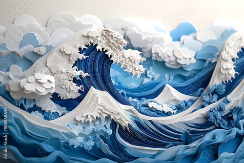 paper layered art Japanese giant waves. sea waves paper cut design