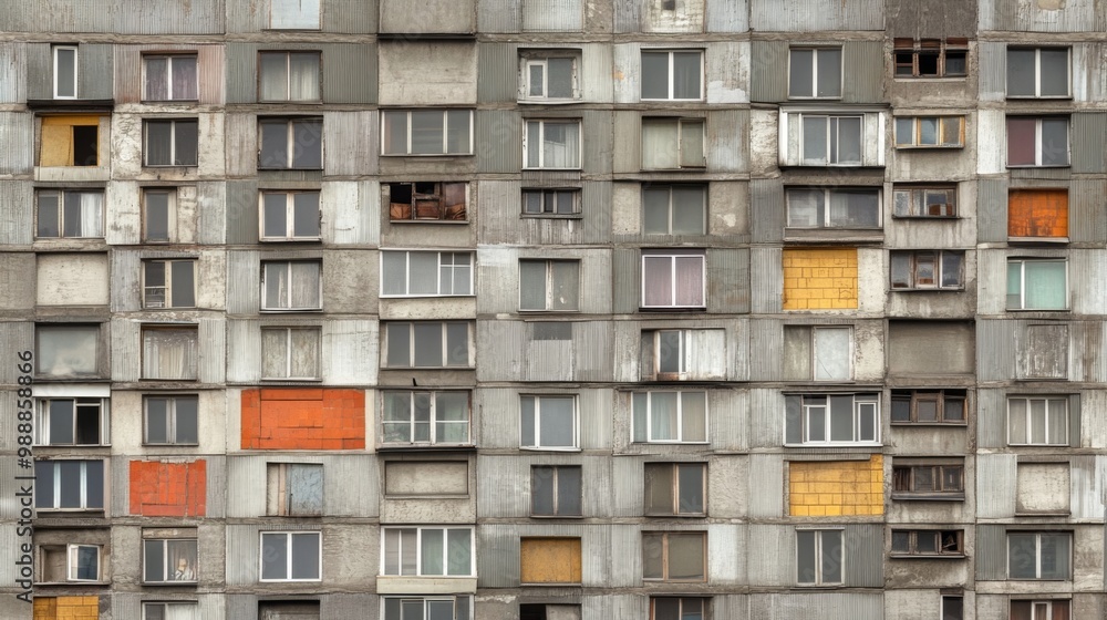 Facade of a Grey Multi-storey Panel building in Russia, Soviet architecture houses Facade of a Grey Multi-storey Panel building in Russia, Soviet architecture houses