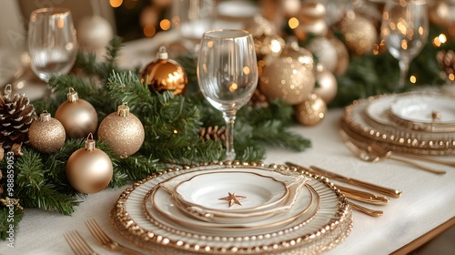 A beautifully decorated holiday table with place settings and ornaments