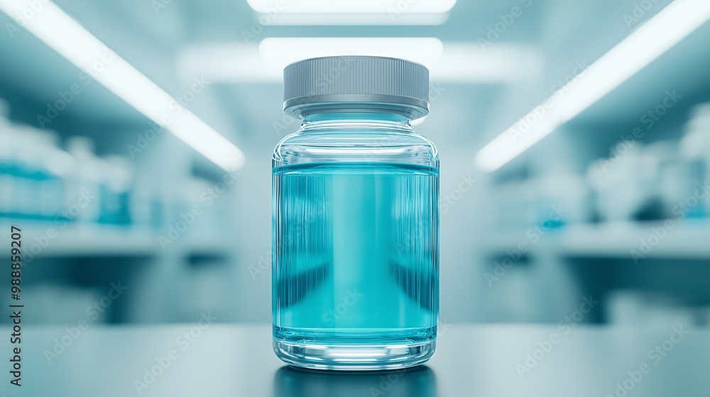 Clear Bottle with Blue Liquid on Table in Laboratory Clear Bottle with Blue Liquid on Table in Laboratory