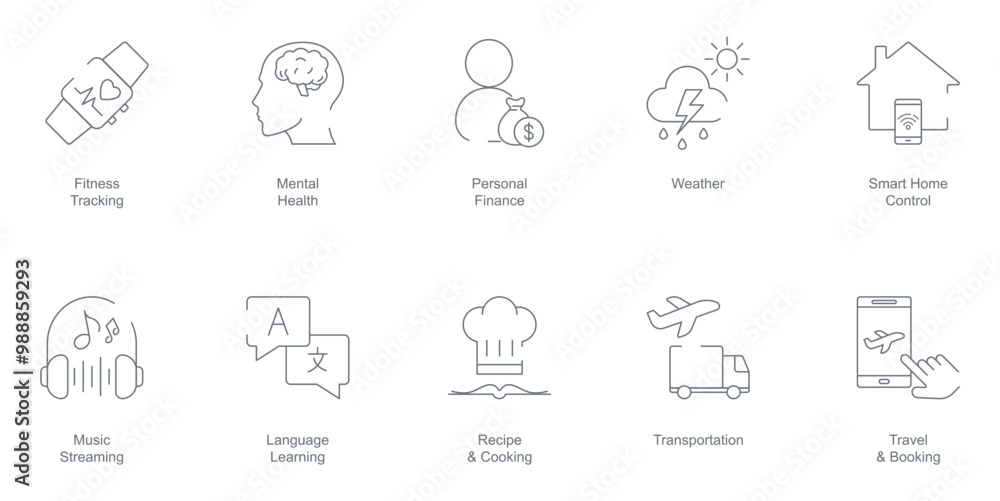 Fitness Tracking, Mental Health, Personal Finance, Weather, Smart Home Control, Music Streaming, Language Learning, Recipe and Cooking, Transportation, and Travel Booking Icon Set Fitness Tracking, Mental Health, Personal Finance, Weather, Smart Home Control, Music Streaming, Language Learning, Recipe and Cooking, Transportation, and Travel Booking Icon Set