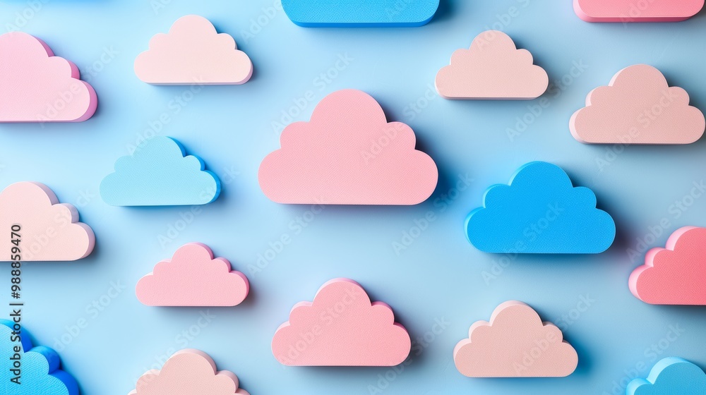 Colorful Cloud Icons on Blue Background Representing Cloud Computing and Digital Technology Concepts Colorful Cloud Icons on Blue Background Representing Cloud Computing and Digital Technology Concepts