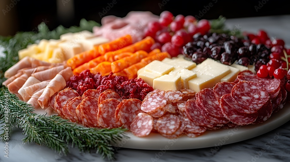 A colorful platter of holiday appetizers like cheese and charcuterie A colorful platter of holiday appetizers like cheese and charcuterie