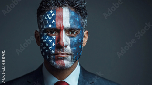 Businessman in suit with face painted like American flag on grey background.