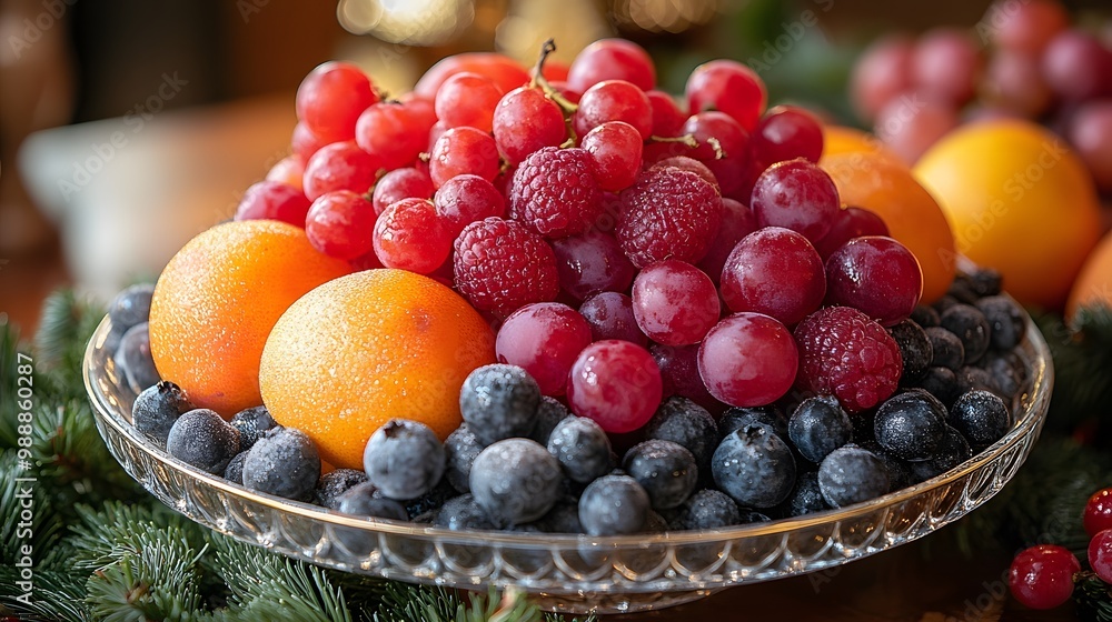 A colorful holiday fruit arrangement on a table A colorful holiday fruit arrangement on a table