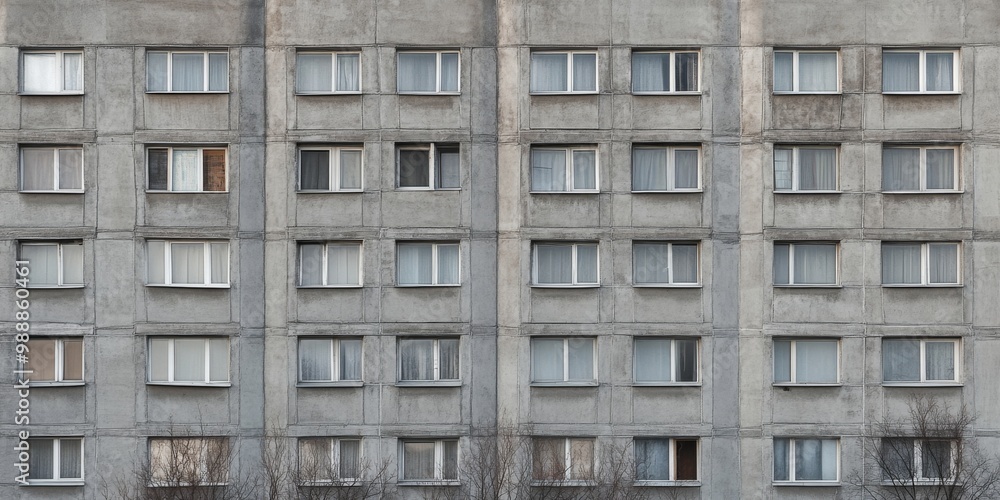 Facade of a Grey Multi-storey Panel building in Russia, Soviet architecture houses Facade of a Grey Multi-storey Panel building in Russia, Soviet architecture houses