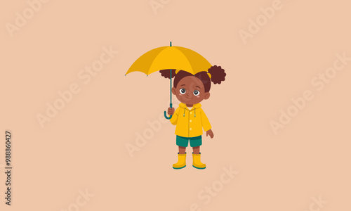 Little girl with yellow umbrella and raincoat