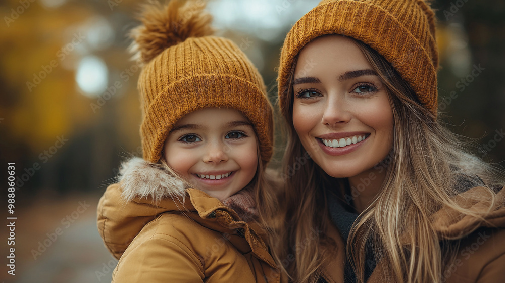 Obraz premium Smiling young woman and little girl walking in the park in autumn.