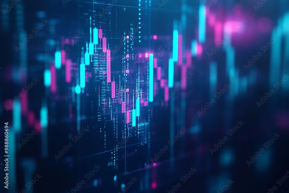 Digital Financial Data Graph in Neon Blue and Pink Light with Bokeh Effect Digital Financial Data Graph in Neon Blue and Pink Light with Bokeh Effect