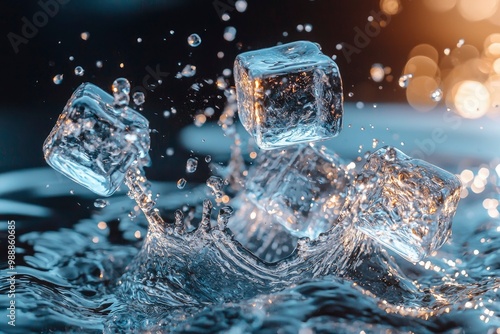 Ice Cubes Splashing in Water with Bokeh Background photo