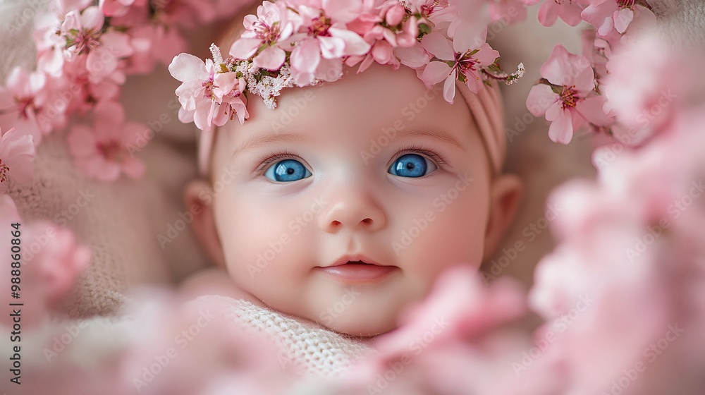adorable newborn with blue eyes, floral headband, lying on soft blanket, surrounded by pink flowers, springtime innocence, sweet baby, delicate charm, peaceful infant, gentle nature adorable newborn with blue eyes, floral headband, lying on soft blanket, surrounded by pink flowers, springtime innocence, sweet baby, delicate charm, peaceful infant, gentle nature