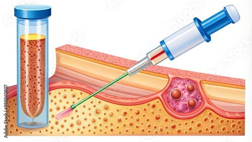 A detailed illustration of the bone marrow biopsy procedure, depicting the steps involved in extracting a bone marrow sample, from insertion of the needle to collection of the sample