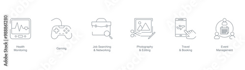 Health Monitoring, Gaming, Job Searching and Networking, Photography and Editing, Travel and Booking, and Event Management mobile app Icon Set