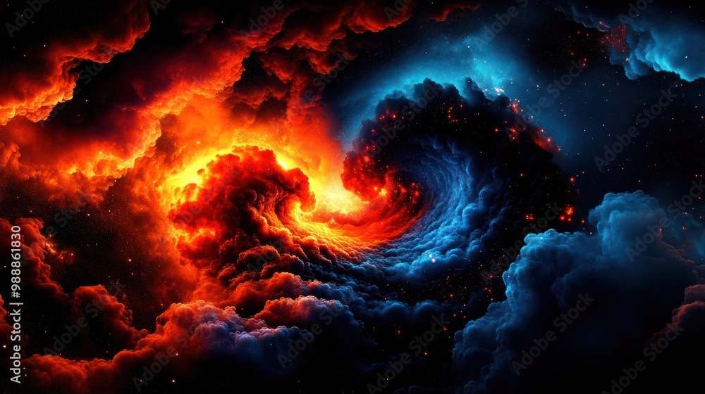 A vibrant cosmic swirl of orange and blue, depicting a dramatic celestial scene. A vibrant cosmic swirl of orange and blue, depicting a dramatic celestial scene.
