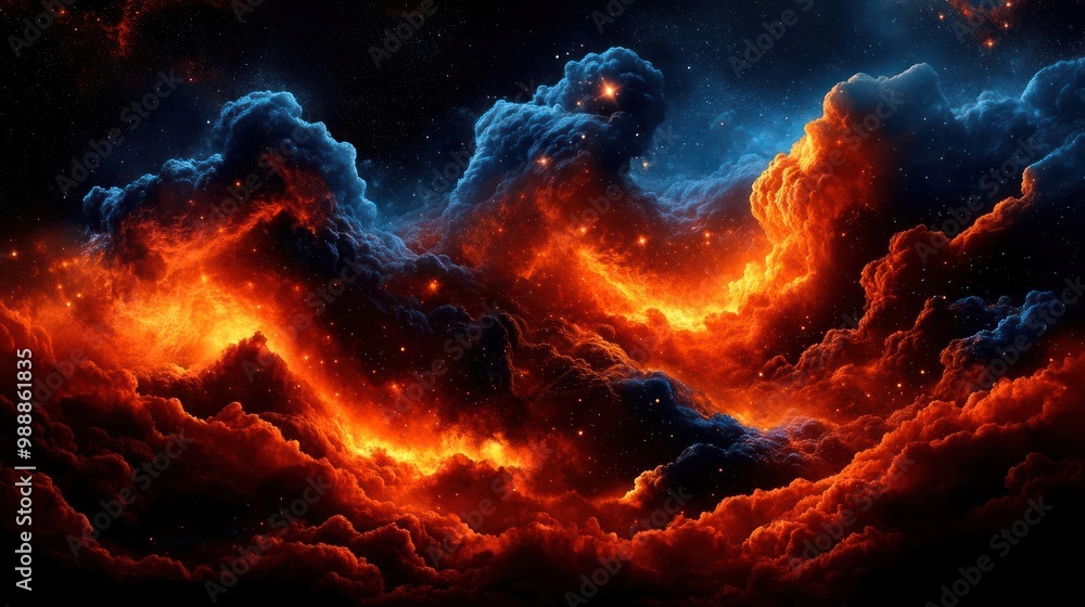 A vibrant cosmic scene depicting fiery clouds against a dark space backdrop. A vibrant cosmic scene depicting fiery clouds against a dark space backdrop.