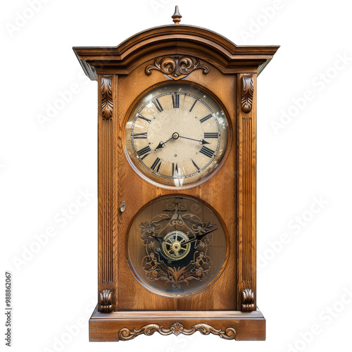 Wooden grandfather clock isolated on transparent background. Old antique clock