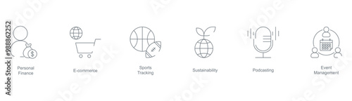 Personal Finance, E-Commerce, Sport Tracking, Sustainability, Podcasting, and Event Management Icon Set