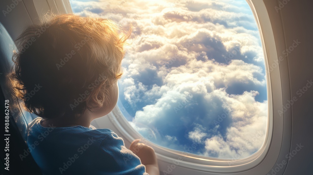 A Child Amazed by the View from an Airplane Window, Perfect for Travel Blogs and Family Adventure Content A Child Amazed by the View from an Airplane Window, Perfect for Travel Blogs and Family Adventure Content