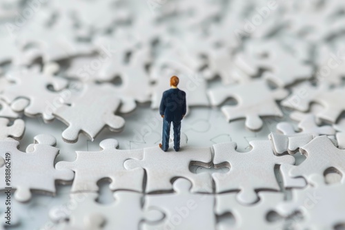 Business solutions, success and strategy concept. Miniature people: small businessman standing on white jigsaw puzzle photo