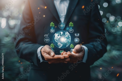 Businessman analyze investment sustainability ESG icons. ESG environmental protection concept, sustainable development, climate change, green energy recycle, Net zero and carbon neutral