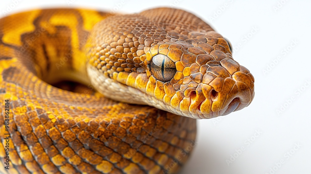 Fototapeta premium reptile python with sleek scales and hypnotic eyes resting on a white background, offering a close-up view of the detailed texture and wild beauty of this animal