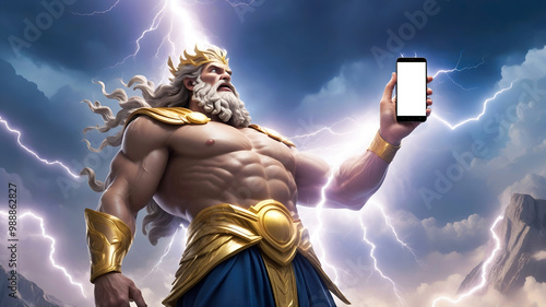 Zeus, King of the Gods, with a smartphone texting from the top of Mount Olympus, with lightning bolts in the background