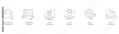 Job Searching and Networking, Photography Editing, Movie Streaming, Virtual Assistance, Sport Tracking, and Music Streaming mobile app Icon Set