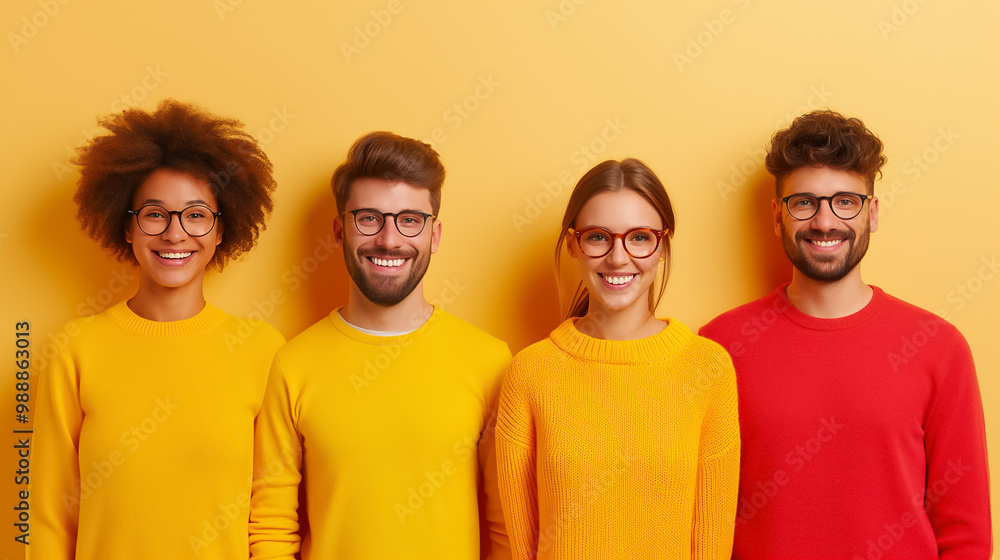 A group of four friends stands together, smiling happily while wearing colorful sweaters. The background is a bright yellow, enhancing the lively atmosphere A group of four friends stands together, smiling happily while wearing colorful sweaters. The background is a bright yellow, enhancing the lively atmosphere