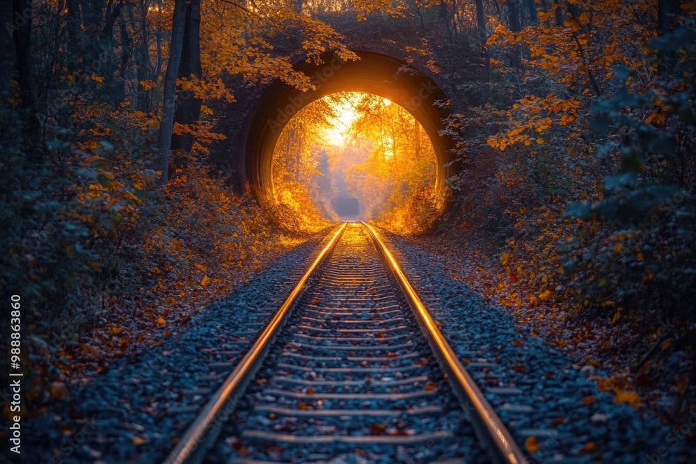 Naklejka premium Golden Sunset Illuminates Serene Railway Tunnel: A Captivating Journey Through Light and Shadow