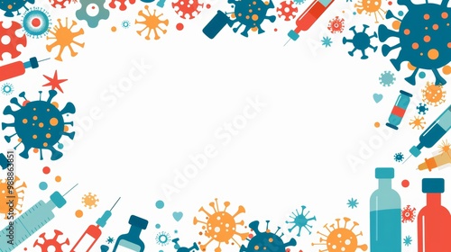 Colorful Frame Border Background with Health and Medical Icons Including Virus, Syringes, and Bottles