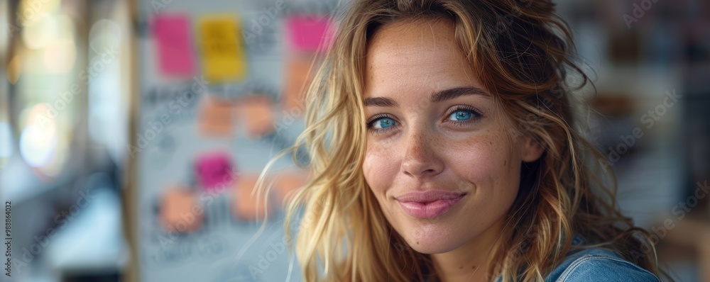 Portrait of a Smiling Young Woman with Blue Eyes and Wavy Blonde Hair in a Casual Setting Portrait of a Smiling Young Woman with Blue Eyes and Wavy Blonde Hair in a Casual Setting