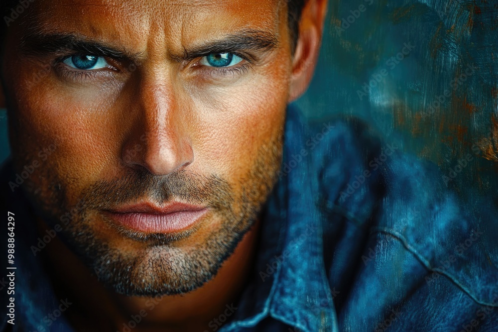 Fototapeta premium The Mysterious Encounter: The Man in the Blue Shirt and His Hidden Secrets