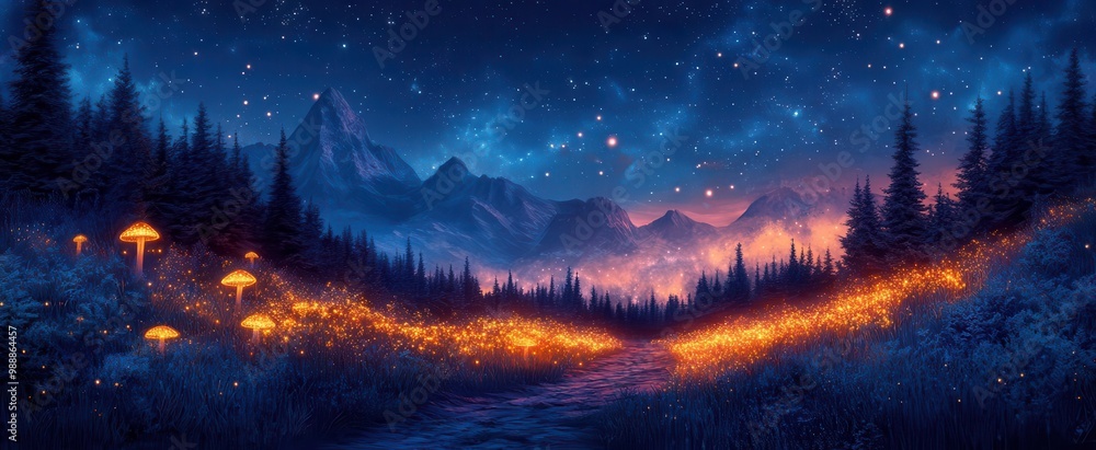 bioluminescent fairy tale forest under a starlit sky giant glowing mushrooms and ethereal floating wisps illuminate a path leading to a distant mystical mountain range bioluminescent fairy tale forest under a starlit sky giant glowing mushrooms and ethereal floating wisps illuminate a path leading to a distant mystical mountain range