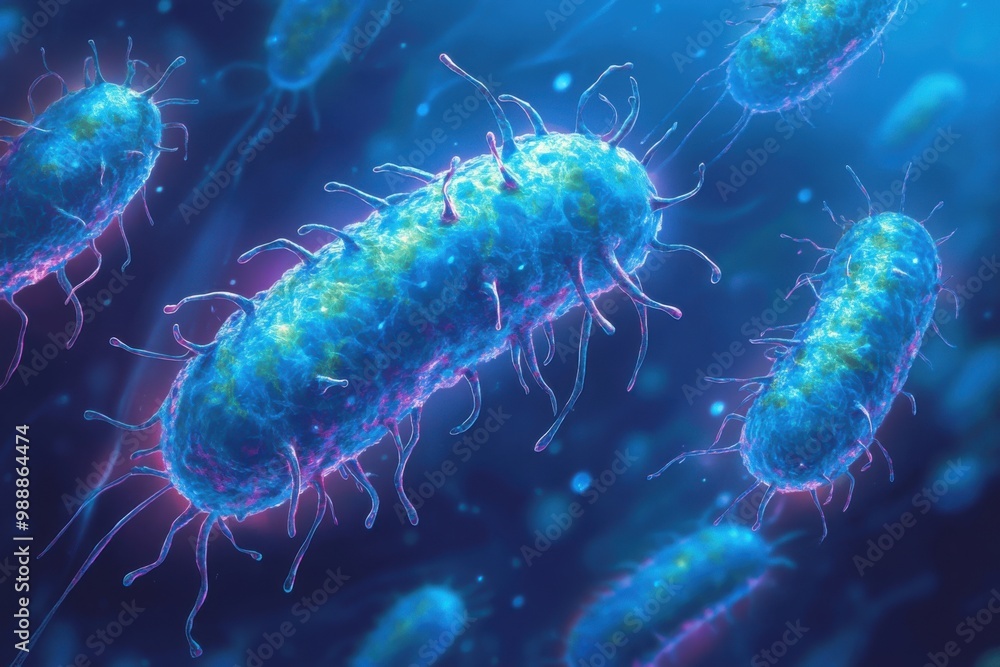 a cartoon image of bacterial cells clumped tightly together. Blue colors and hues a cartoon image of bacterial cells clumped tightly together. Blue colors and hues