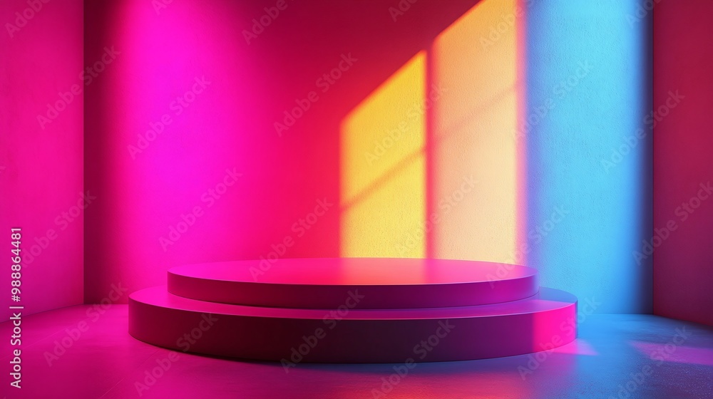modern geometric podium for product showcase with vibrant abstract background and soft natural lighting, offering a smooth and stylish design for creative presentations modern geometric podium for product showcase with vibrant abstract background and soft natural lighting, offering a smooth and stylish design for creative presentations