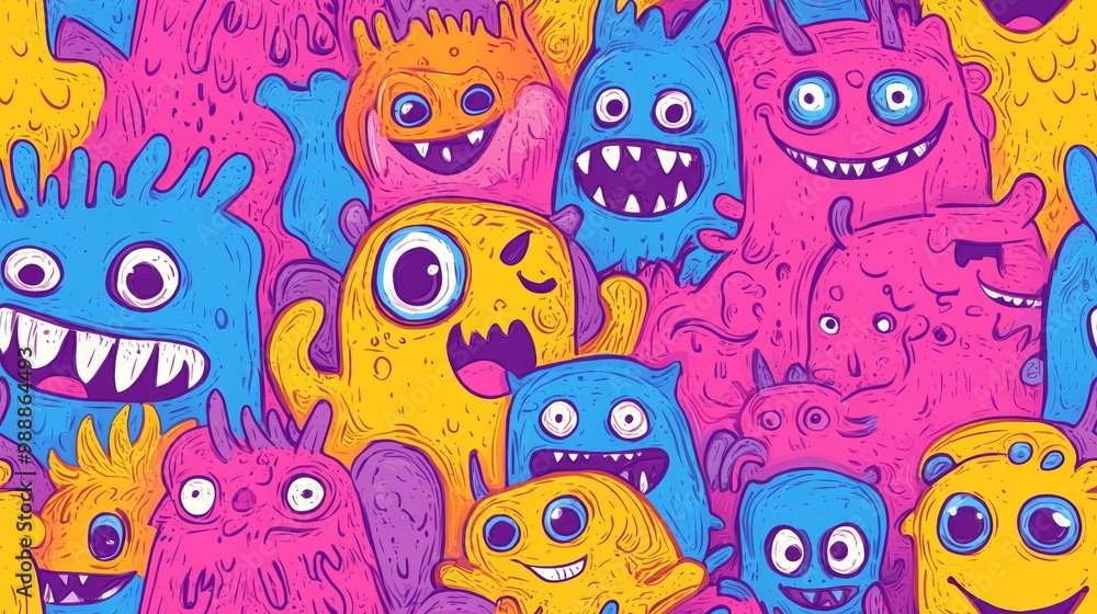 Colorful Seamless Pattern of Playful Monster Doodles in Vibrant Colors for Kids' Designs and Creative Projects Colorful Seamless Pattern of Playful Monster Doodles in Vibrant Colors for Kids' Designs and Creative Projects