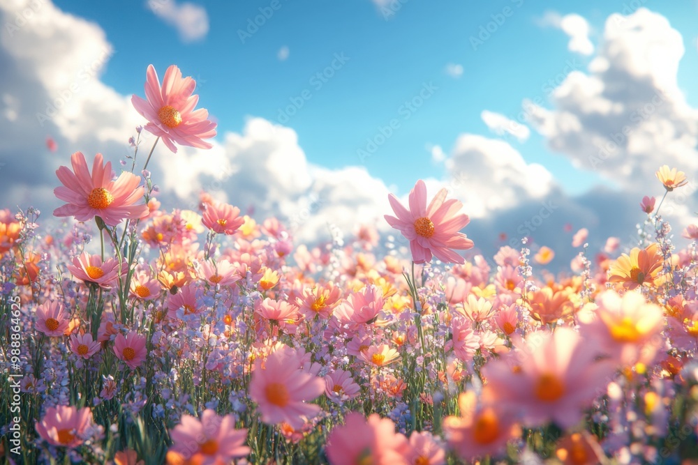 Beautiful pink cosmos flowers blossom against a blue sky, creating a stunning floral display Beautiful pink cosmos flowers blossom against a blue sky, creating a stunning floral display