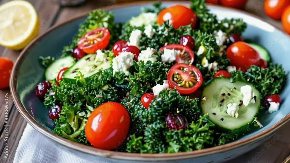 Kale Salad with Cherry Tomatoes, Cucumber, Cranberries, and Feta Cheese Kale Salad with Cherry Tomatoes, Cucumber, Cranberries, and Feta Cheese