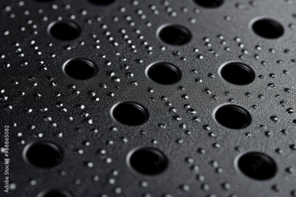 A Close-Up of a Black Surface with Numerous Holes and Water Droplets A Close-Up of a Black Surface with Numerous Holes and Water Droplets