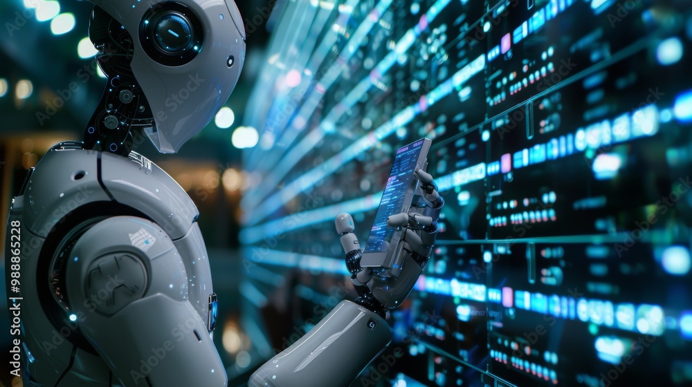 Fototapeta premium businessman using smartphone and data searching by method chatting with intelligent artificial intelligence. ChatBOT Chat with AI or Artificial Intelligence technology. Futuristic technology auto chat