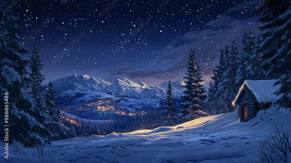 Fototapeta premium peaceful winter night scene from the mountain peak with a breathtaking view of the snowy landscape, illuminated by the moonlight and surrounded by the wilderness