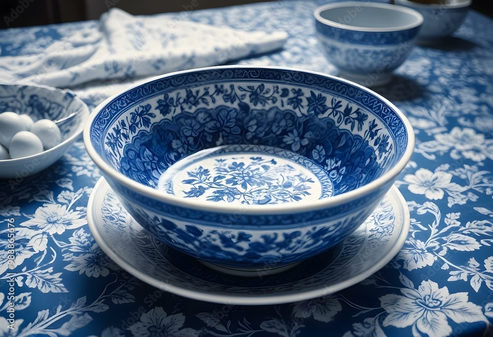 A blue and white ceramic bowl with an intricate floral pattern A blue and white ceramic bowl with an intricate floral pattern