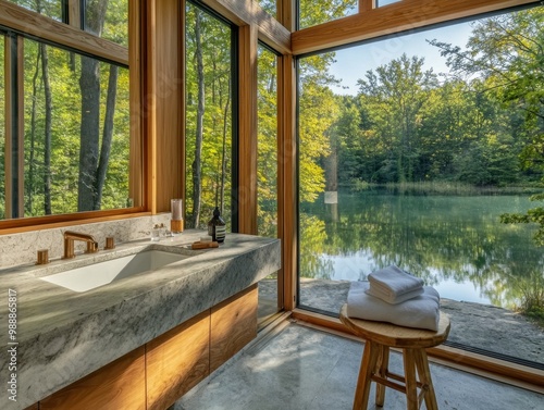 A bathroom with a sink and a bathtub. The sink is white and the bathtub is grey. There is a towel on a stool next to the bathtub photo