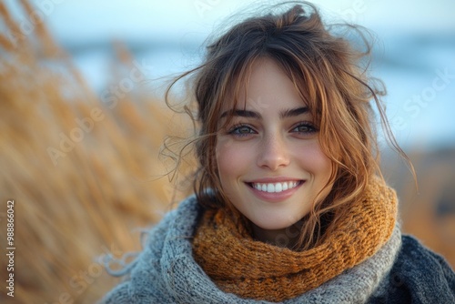 Joyful Moments: A Smiling Woman Embracing Nature's Beauty Outdoors photo