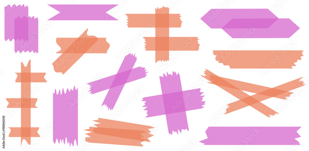 Set of pink and orange semi-transparent washi tapes isolated on white. Tapes collection in vector. Pieces of decorative tape for scrapbooks. Torn paper Set of pink and orange semi-transparent washi tapes isolated on white. Tapes collection in vector. Pieces of decorative tape for scrapbooks. Torn paper