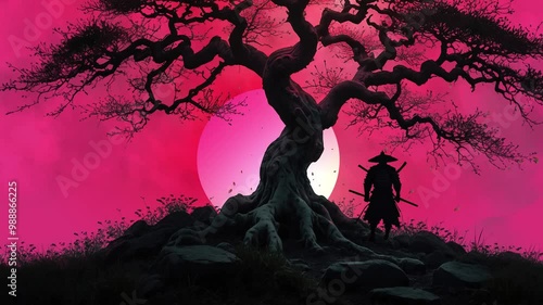 Samurai Standing Under The Cherry Blossom Tree. A Samurai Standing Chinese Tree Motion Animation Background. Chinese Samurai Background. And Animation Background. Sun And Tress Chinese Motion 2d Anima