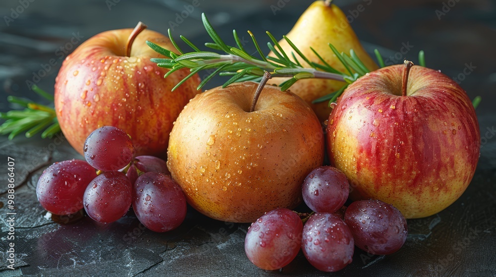 Fresh Fruit Border Background with Apples, Grapes, and Pears on a Dark Textured Surface Fresh Fruit Border Background with Apples, Grapes, and Pears on a Dark Textured Surface