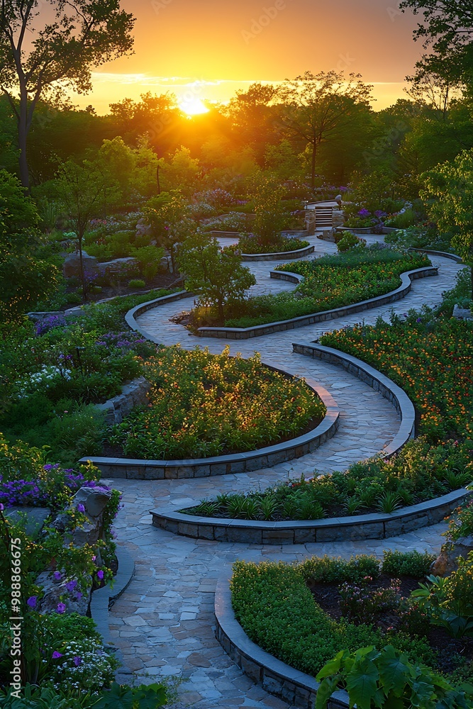 Serene garden path at sunset with vibrant flowers and lush greenery Serene garden path at sunset with vibrant flowers and lush greenery